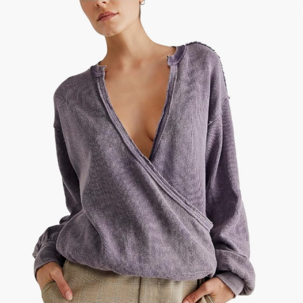 Free People Lavender Wrap-Front Long Sleeve Top